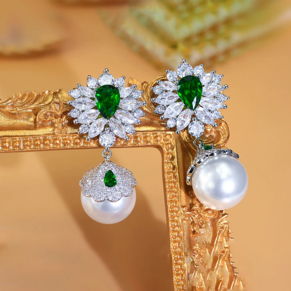 CWWZircons Top 5A Cubic Zirconia Green Water Drop Long Big Dangle Pearl Earrings for Women Luxury Wedding Bridal Jewelry CZ783