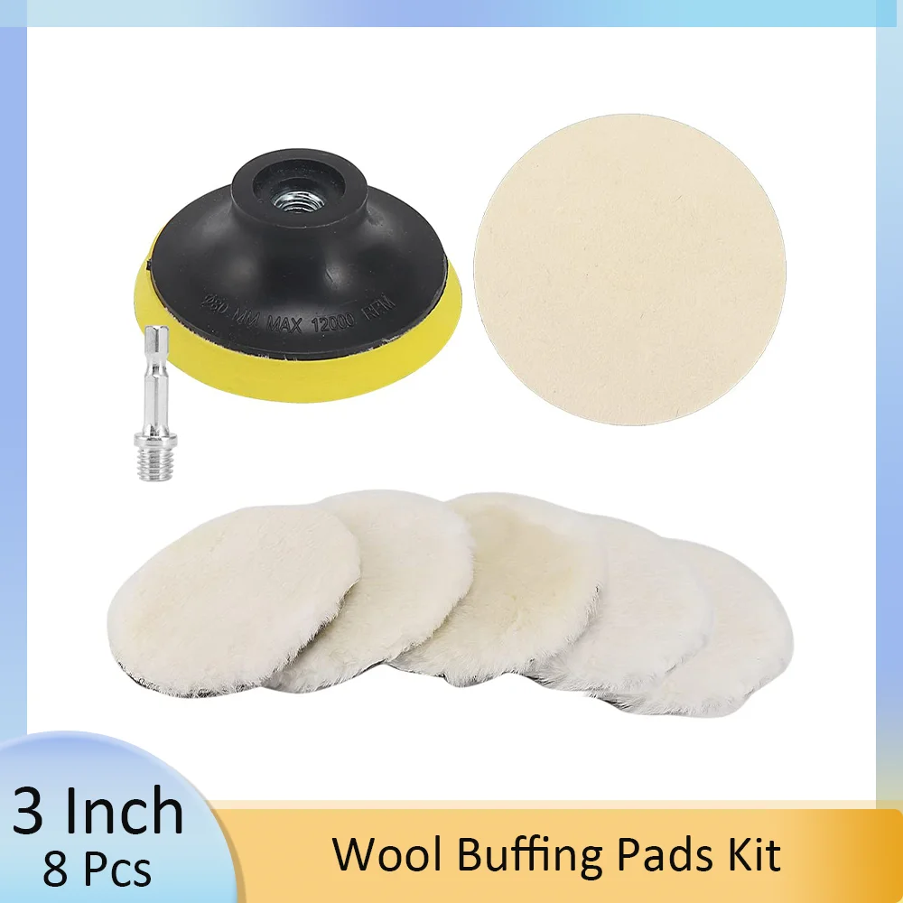 3 Inch Hook & Loop 8 Pcs Wool Buffing Pads Kit with Backing Pad M10 Adapter Felt Buffing Wheel Car Buffer Drill Attachment