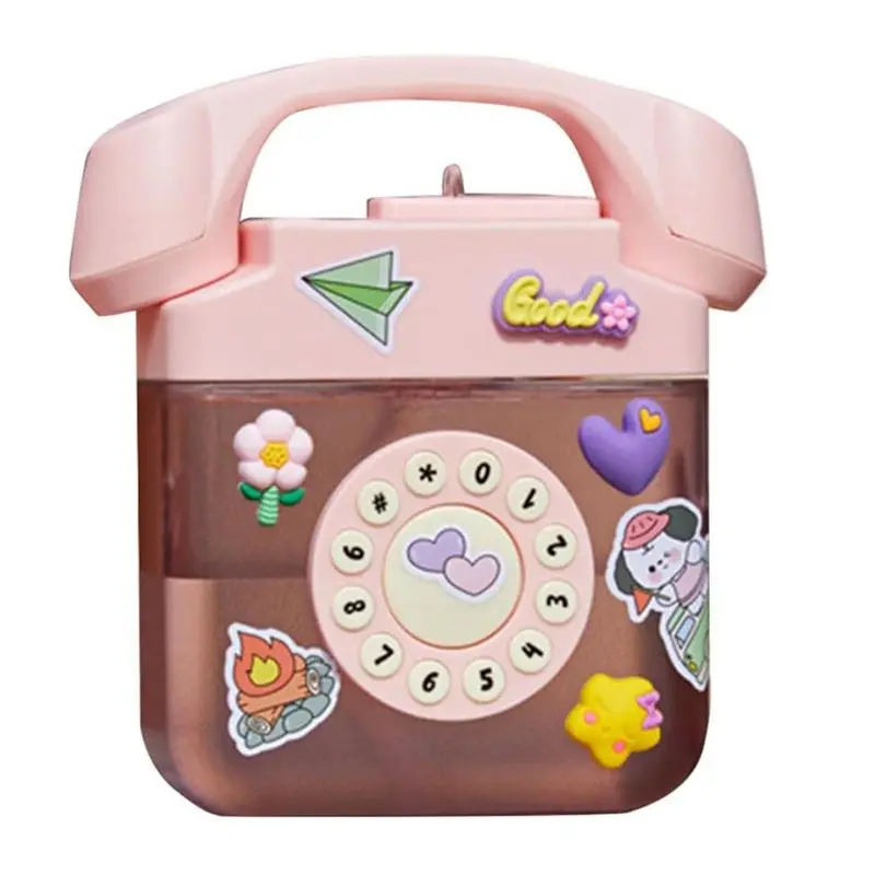 AC76-Creatives Retro Telephone Shape Water Bottle With Adjustable Shoulder Strap, Drinking Bottles With 3D Sticker Durable (Pink
