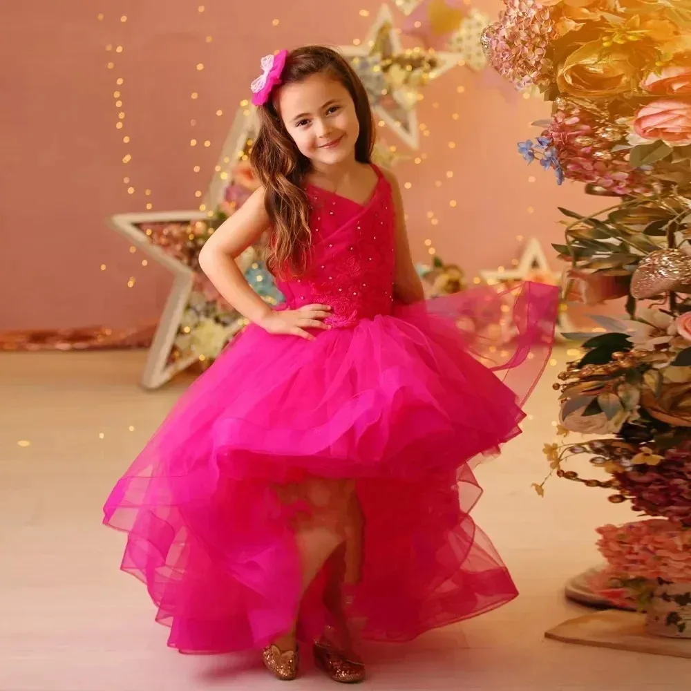 

Красные платья с цветочным узором для девочек, плиссированное платье с v-образным вырезом и высоким и низким вырезом для маленьких девочек, платье принцессы для свадьбы, дня рождения, первого причастия