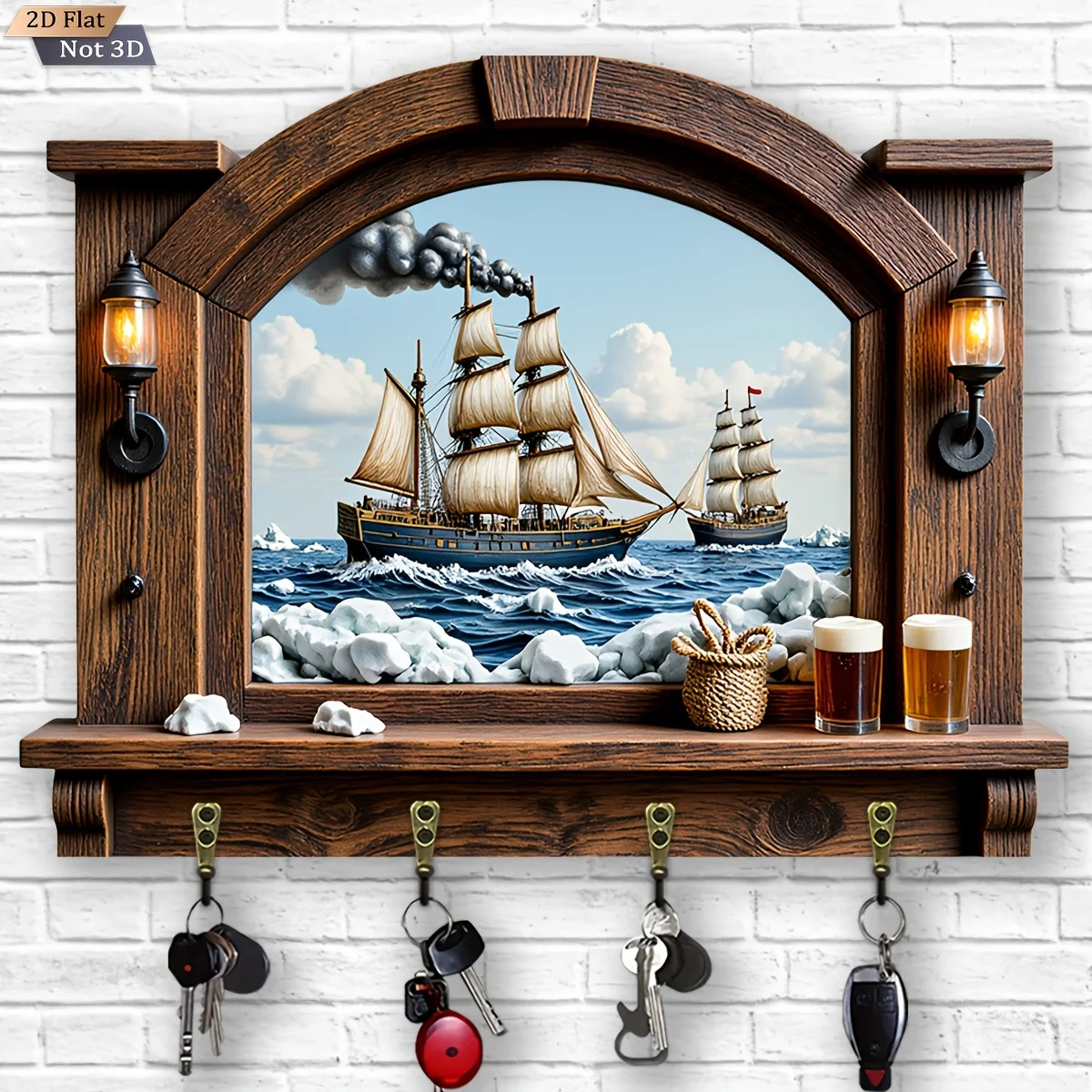 2D Flat, 1pc, Sailing Theme Key Hook Wooden Multifunctional Home Key Holder with Four Metal Hooks, Wall Decoration, Porch