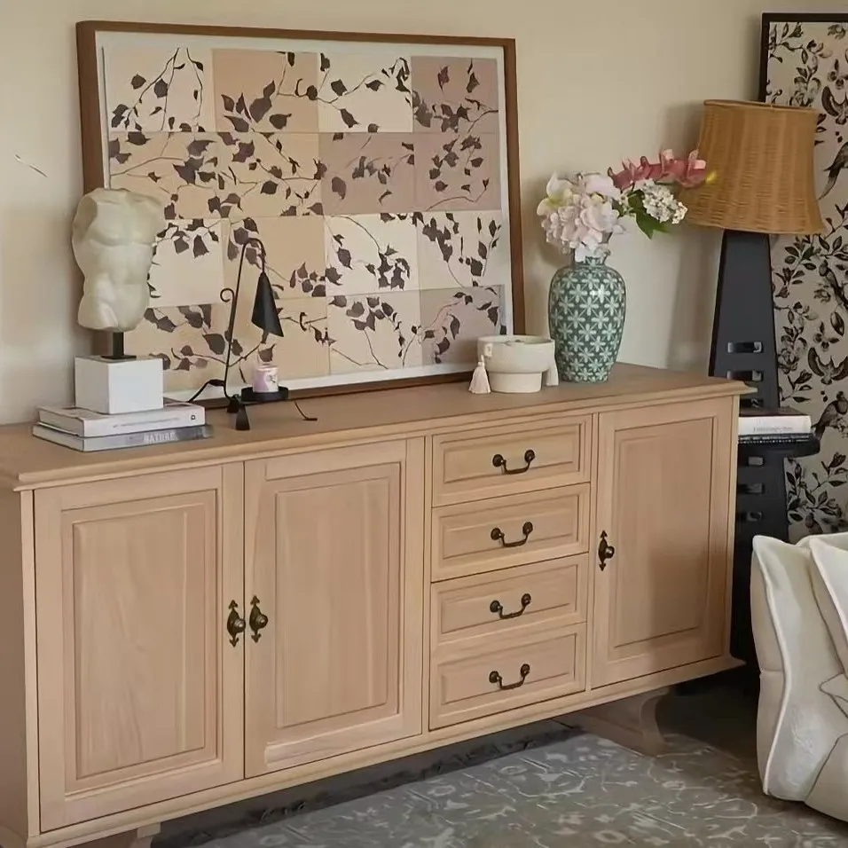 French retro solid wood carving flower dining side cabinet locker living room entrance cabinet