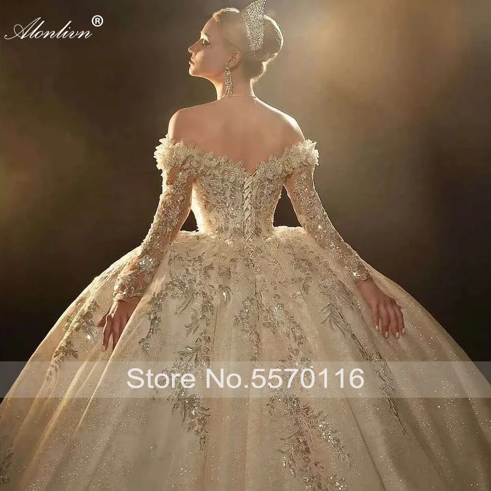 Alonlivn فساتين زفاف فاخرة مطرزة حسب الطلب من الدانتيل اللامع بدون أكتاف وأكمام طويلة فساتين زفاف