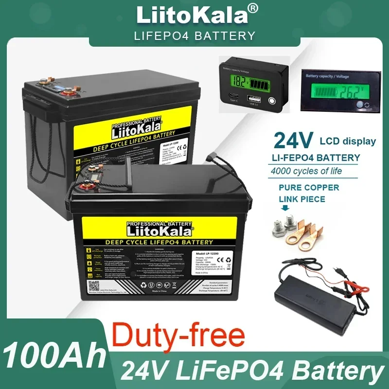 LiitoKala 24v 100Ah 80ah 8s LiFePO4 Lithium Battery USB3.0 Type-C for RV travel Inverter Car lighter Batteries 29.2V Charger