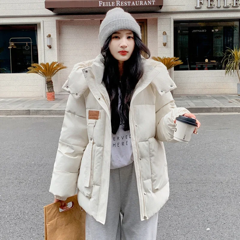 

Осень-зима, новая хлопковая куртка, женская однотонная парка с боковыми карманами, утепленная теплая куртка с капюшоном и нашивками, короткое пальто, женская одежда
