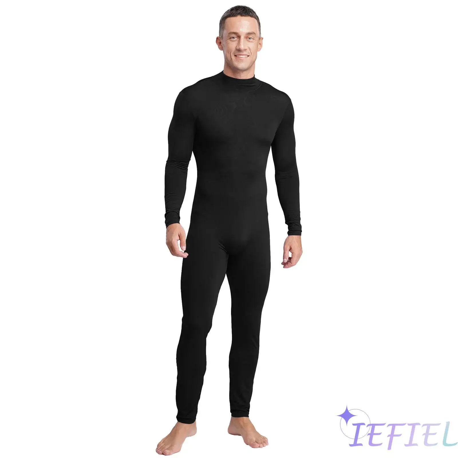 

Mens Stretchy Ballet Gymnastics Jumpsuit Mock Neck Long Sleeve Long Pants Back Zip-up Bodycon Bodysuit Workout Yoga Sportswear