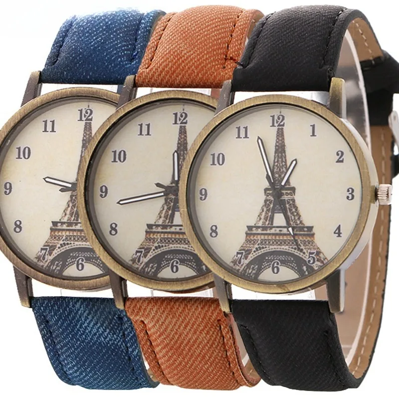 Women Watches Jean Leather Eiffel Tower Retro Bronze Color Ladies Fashion Watch Students Wrist Watch Часы Женские Наручные reloj