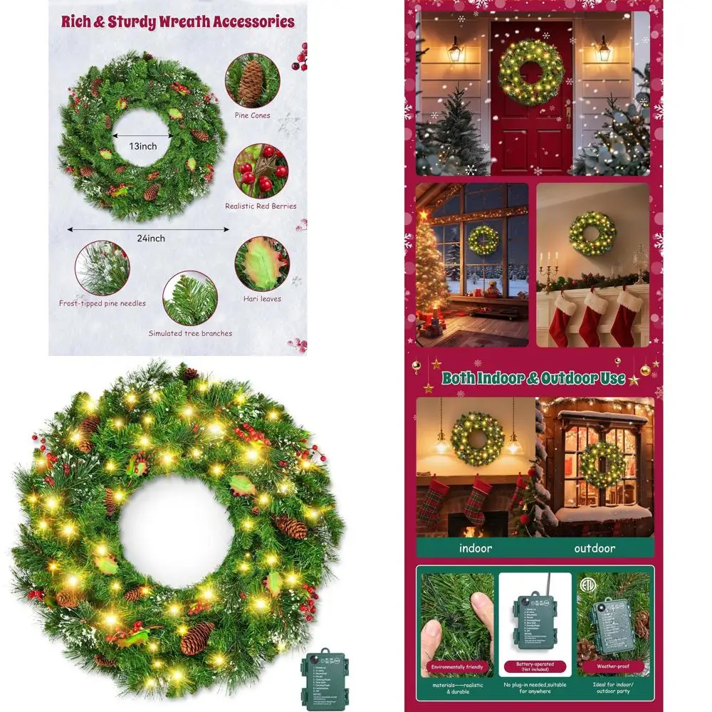 

Battery-Powered 24 LED Christmas Wreath with 50 Lights, Decorative for Front Door or Wall