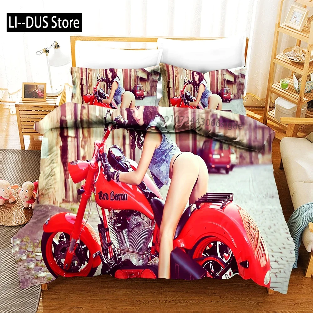 

Sexy Girl Motocross Duvet Cover Extreme Sports Theme Bedding Set for Boys Teens Man Microfiber 3D Beauty Queen King Quilt Cover