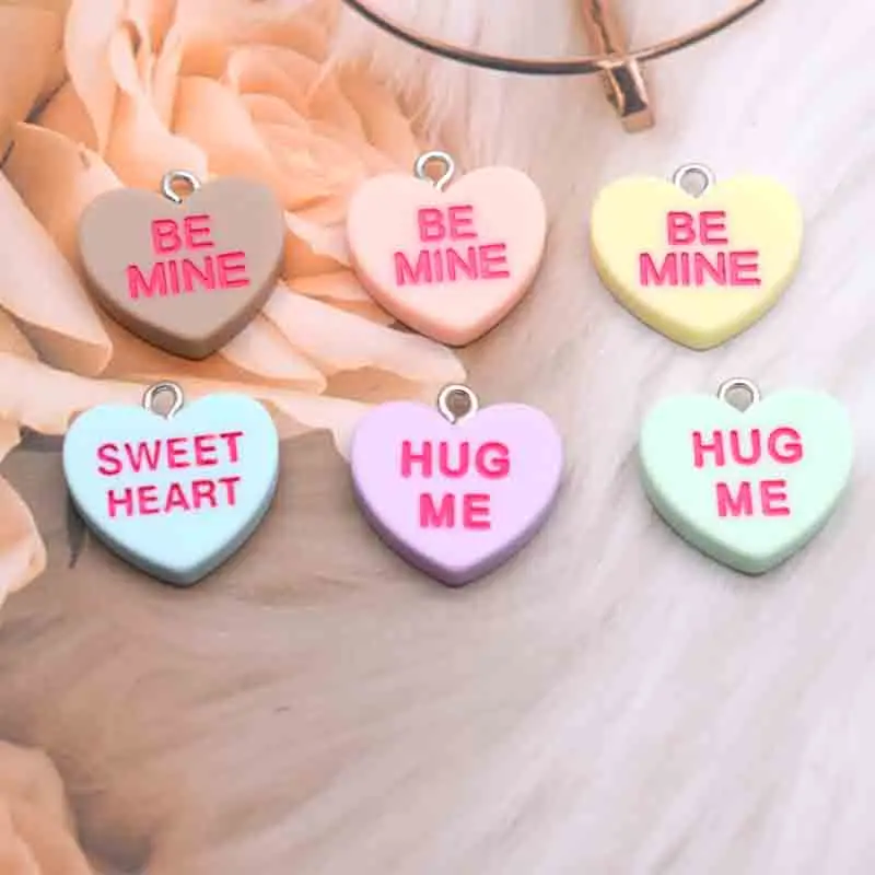 19*18mm Earring For Women Resin Handmade Cute Mini Heart Charms With Words BE MINE HUG ME SWEET HEART Drop Earrings Funny Gift