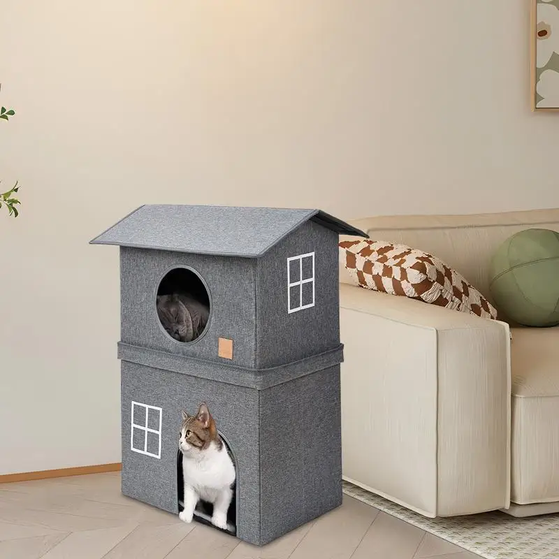 

Large Cat House 2-Layer Foldable Winter Pet Shelter For Indoor Use Quick & Easy Assembly Cat Beds Semi-enclosed Pet House Cold