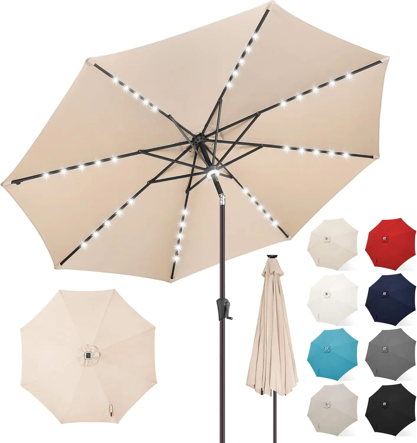 

9 FT Solar LED Patio Umbrella with 40 Lights & Center Ring Light, Beige