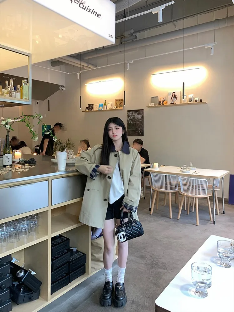 

Хаки или женское джето со свободным воротником, верхняя одежда Briti Sle, весеннее новое свободное повседневное корейское пальто