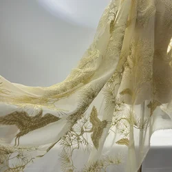 High-Quality Embroidered Organza Fabric with Chinese-style Pine Crane Pattern for Wedding and Evening Dress Designers By Yard