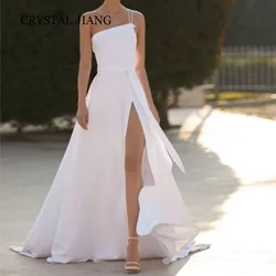 Elegant Long Strapless Satin Wedding Dresses Sleeveless with Slit A Line Sweep Train Robes De Soirée Party Gowns