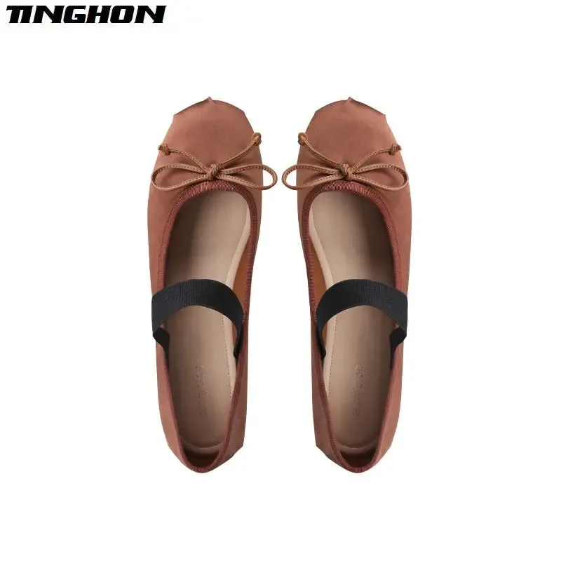 2024 French Retro Classic Silk Ballet Shoes One word Ballet Shoes Women Round Toe Bowtie Women Flats Elegant Valentine Shoes