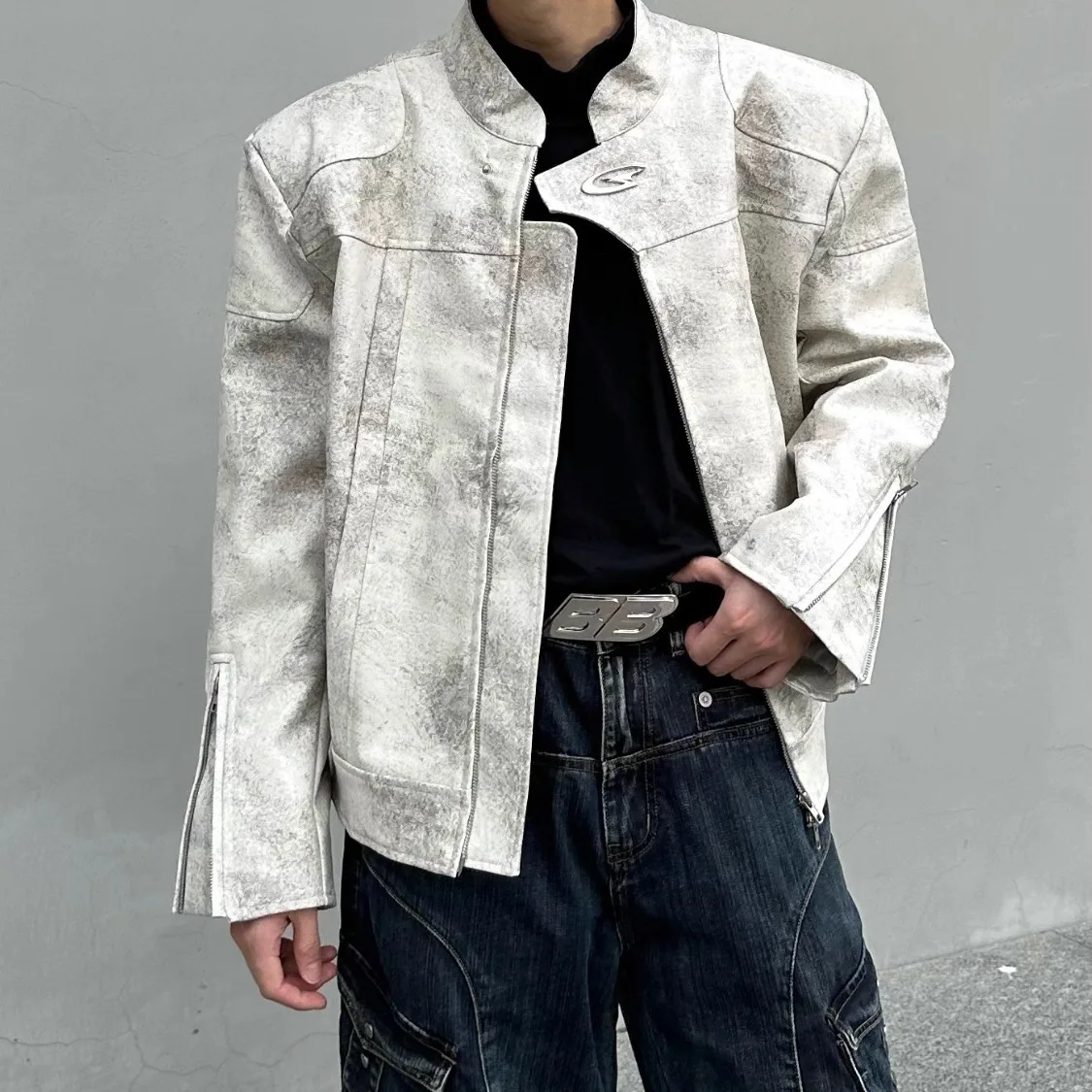 

American Sle ort Biker Leather Jaet Men's Design Sense High Level Haome CleanFit Stand Collar Pilot Jaet