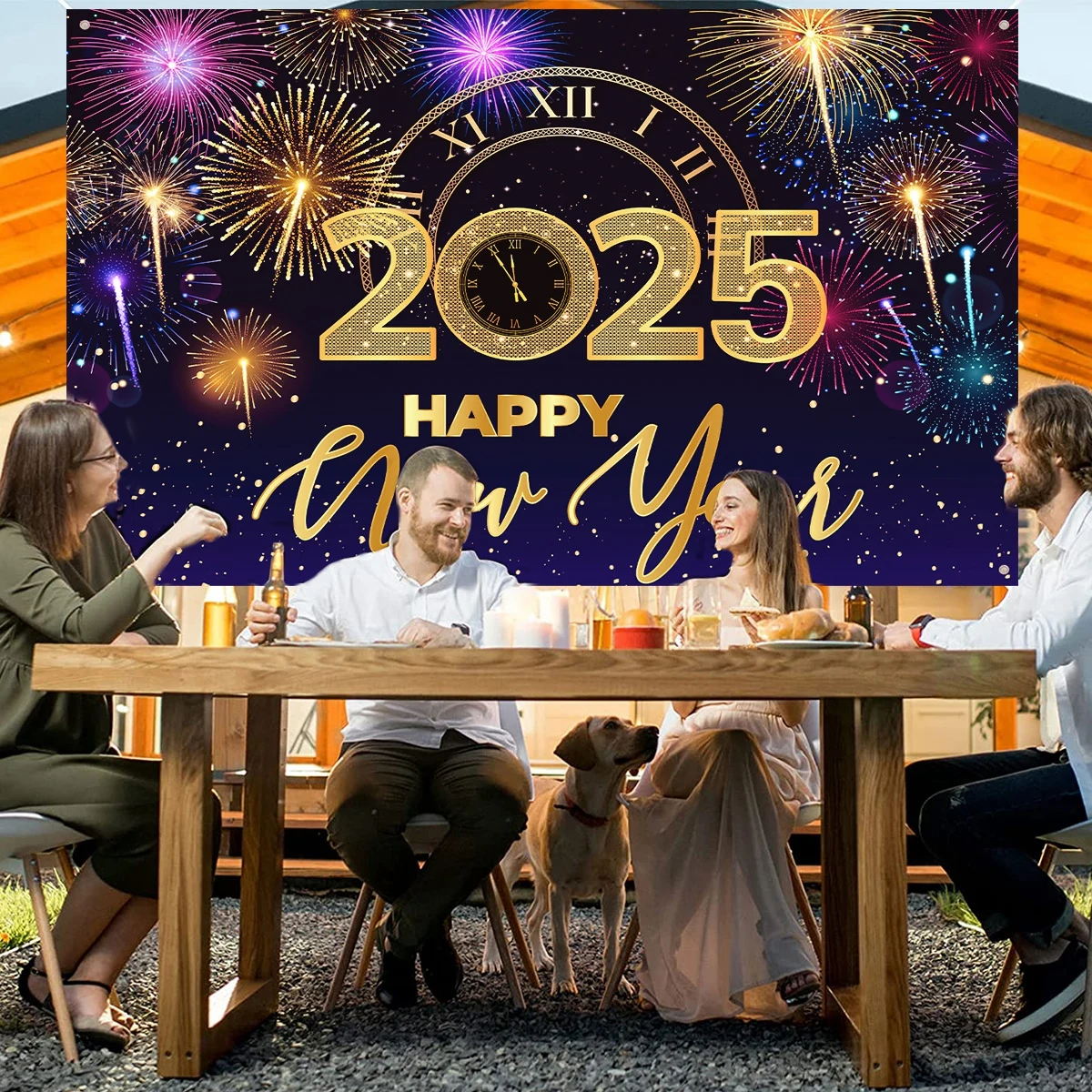 Black Gold New Year Backdrop Banner 2025 Happy New Year Christmas Party Background Decoration Gifts New Year Party Supplies