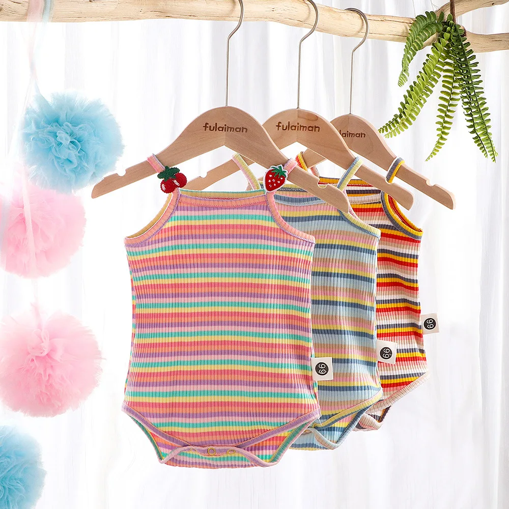 2023 New In Summer Newborn Infant Sling Sleevless Striped 3D Wing Outfits Kids Baby Girls Cute Jumpsuits Bodysuits