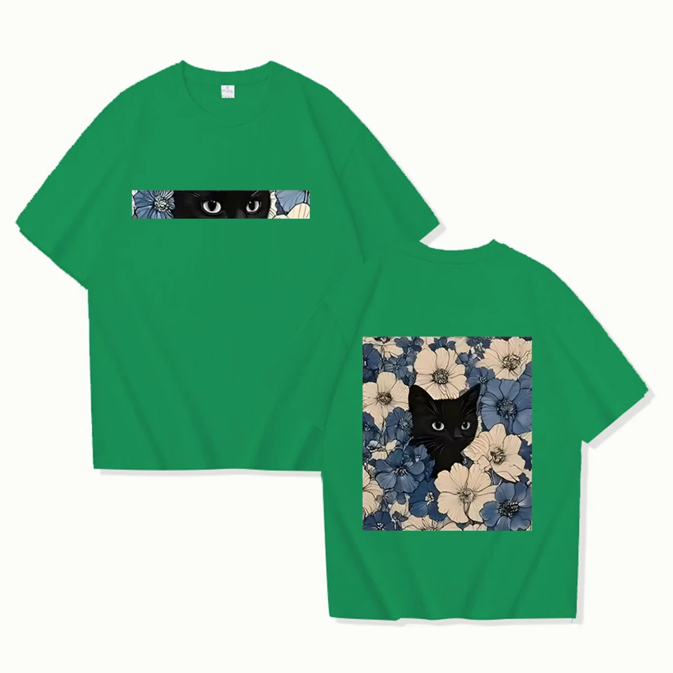 Vintage Black Cat Floral Pattern Mens Womens T Shirt Double Sided Print Streetwear Casual Unisex Tee Short Sleeved Couple's Tops