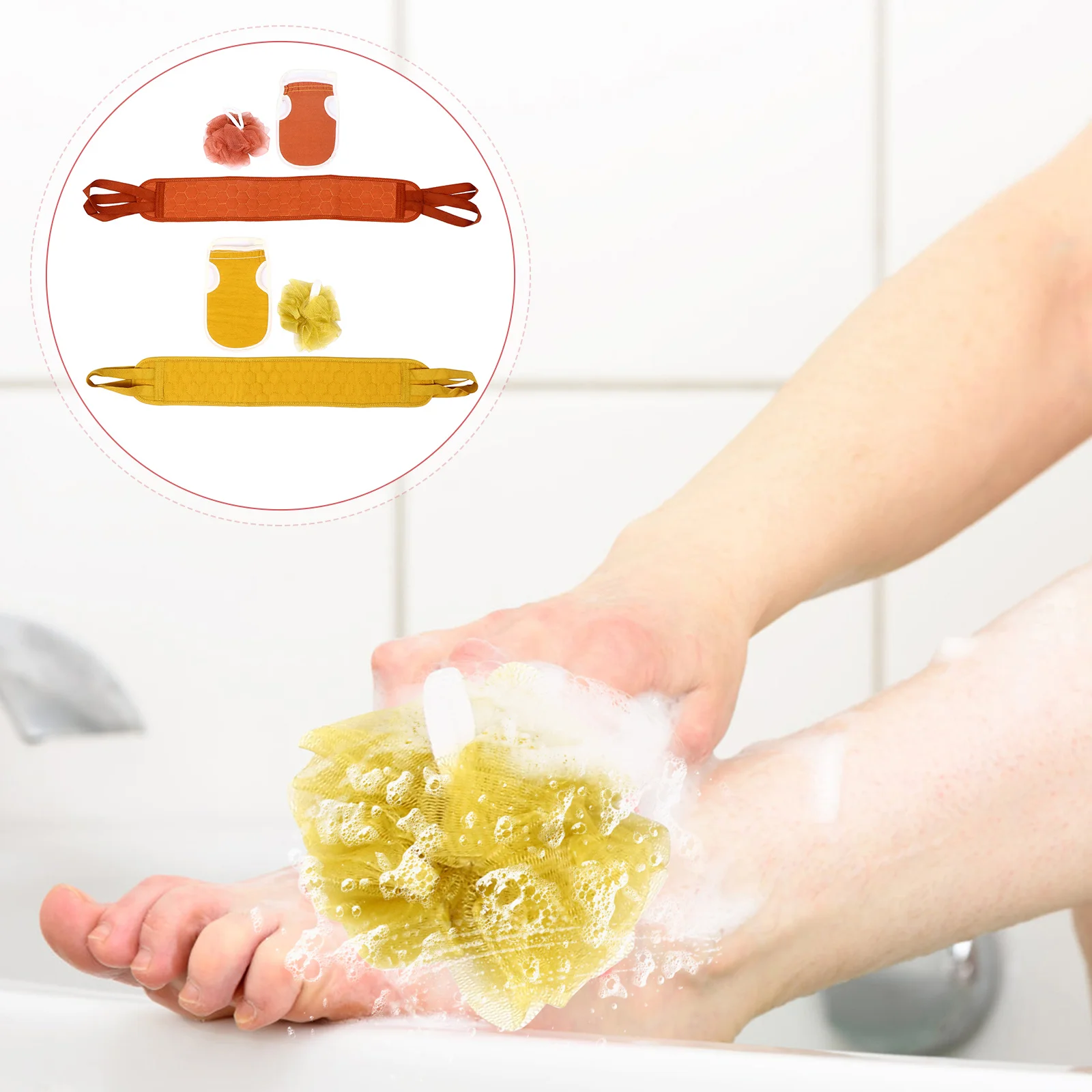 

6pcs Bath Gloves Set Long Handle Back Scrubber Body Exfoliating Shower Mesh Ball Skin Cleaning Strap Bath Brush Exfoliating