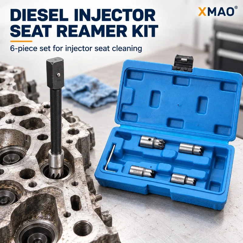 XMAO 6Pc Diesel Injector Seat Cutter Set, Carbon Deposit Cleaning Reamer Tools with 4 Heads, Guide Bar, Hex Key and Blue Case