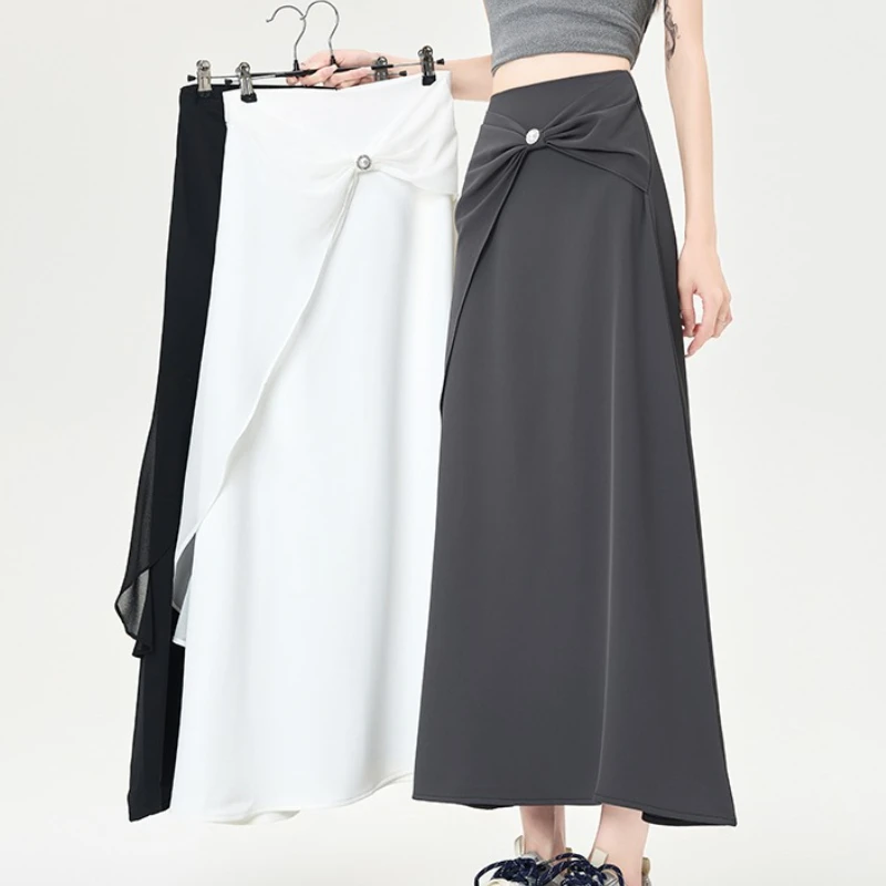 

High Waist Chiffon Patchwork Women's A-line Skirts 2025 New Casual Loose Irregular Single Button Office Long Skirts Female
