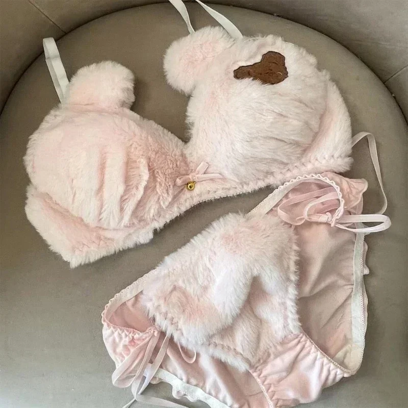 2Pcs Womens Lolita Kawaii Bra Panty Set Cute Bear Embroidery Fluffy Faux Fur Underwire Underwear Plush Ball Bow Japanese Anime L