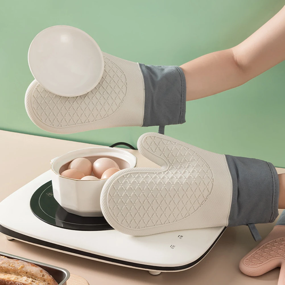 

2pcs White Silicone Heat Resistant Gloves Cotton Kitchen Baking Oven Microwave Porcelain Mitts Thick Insulation Practical Gift