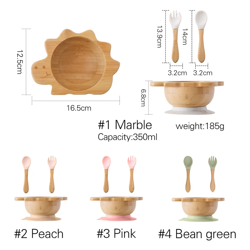 Baby Wooden Tableware Set Dinosaur Bamboo Wooden Plate Bowl Silicone Suction Wooden Handle Fork Spoon for Children Feeding Gift