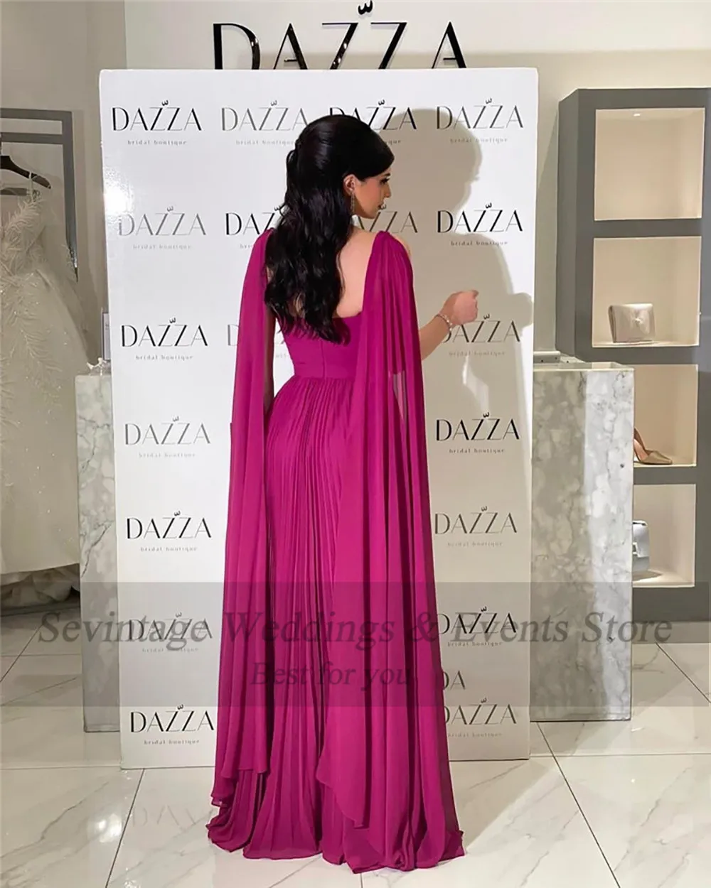 Sevintage A Line Chiffon Formal Evening Dresses Saudi  Arabic Long Cape Sleeves Spaghetti Strap Women Prom Gowns Party Dress