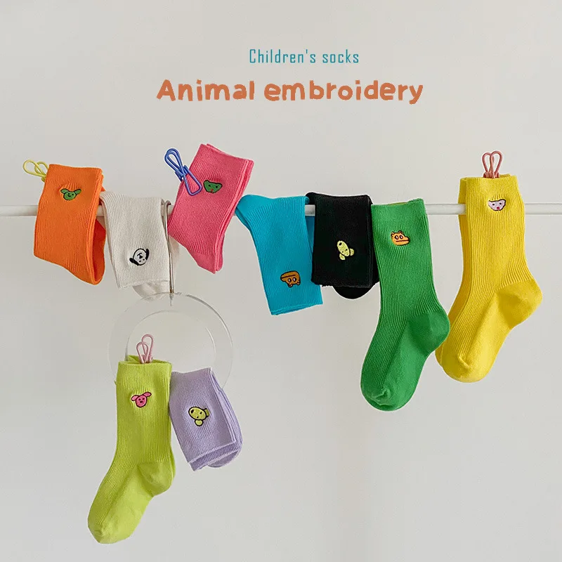 3Pairs Pack 1-12 Year 2023 spring solid color animal embroidery socks cartoon trendy children\'s socks