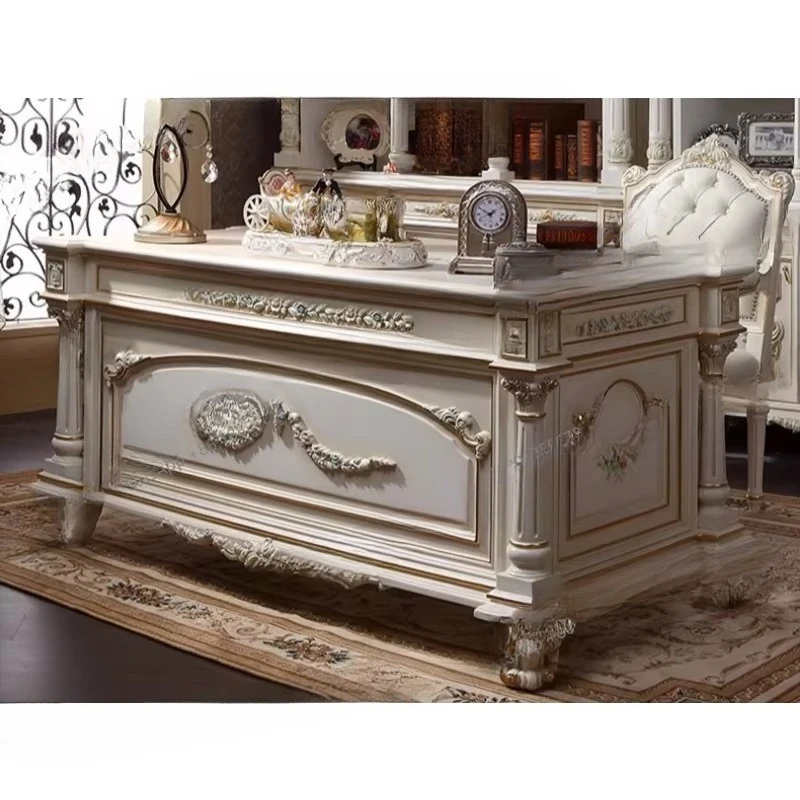 Solid wood, retro desk, study boss table, large carving luxury, computer desk