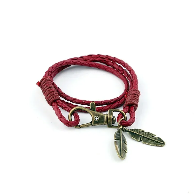 Vintage Leaf Feather Leather Multilayer Bracelet Men Fashion Braided Handmade Star Rope Wrap Bracelets Bangles Male Gift