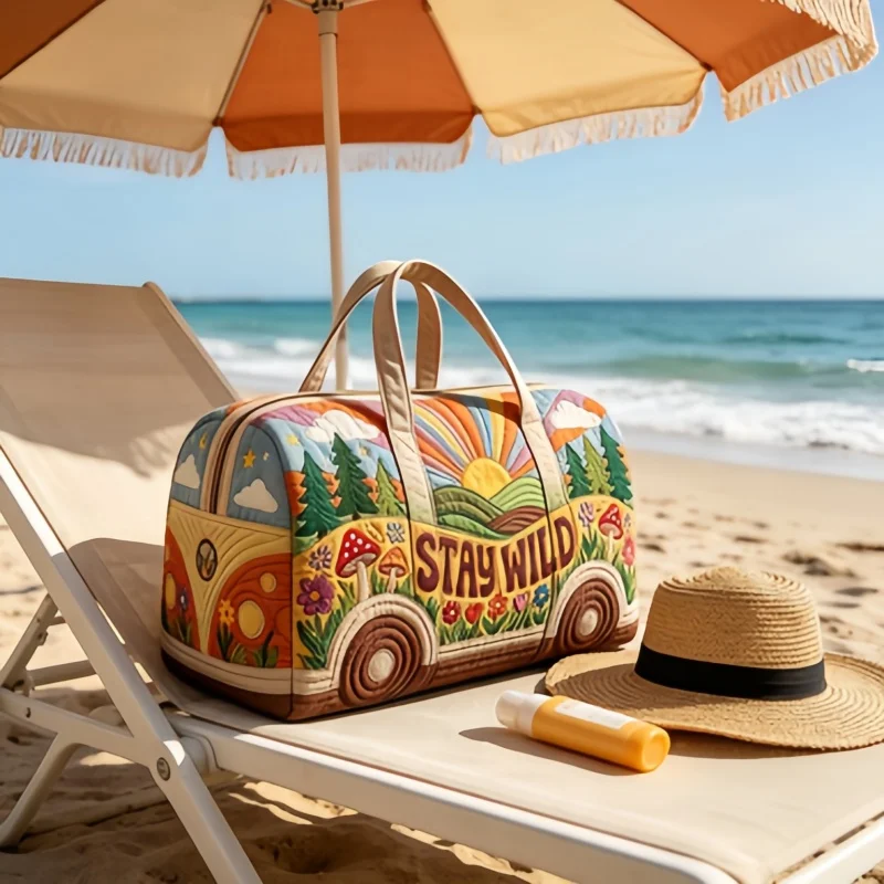 

1pc Travel Duffle Bag for Women, Hippie Boho Quilted "STAY WILD" Van Bag, Large Capacity Weekender Gym Bag