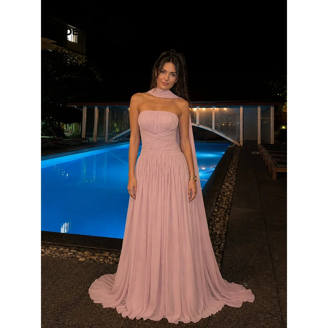 Sleeveless Evening Dresses Woman Elegant Dress Luxury Women's Evening Dresses Customized Line A Pink Shawl Ball Gowns Party Prom