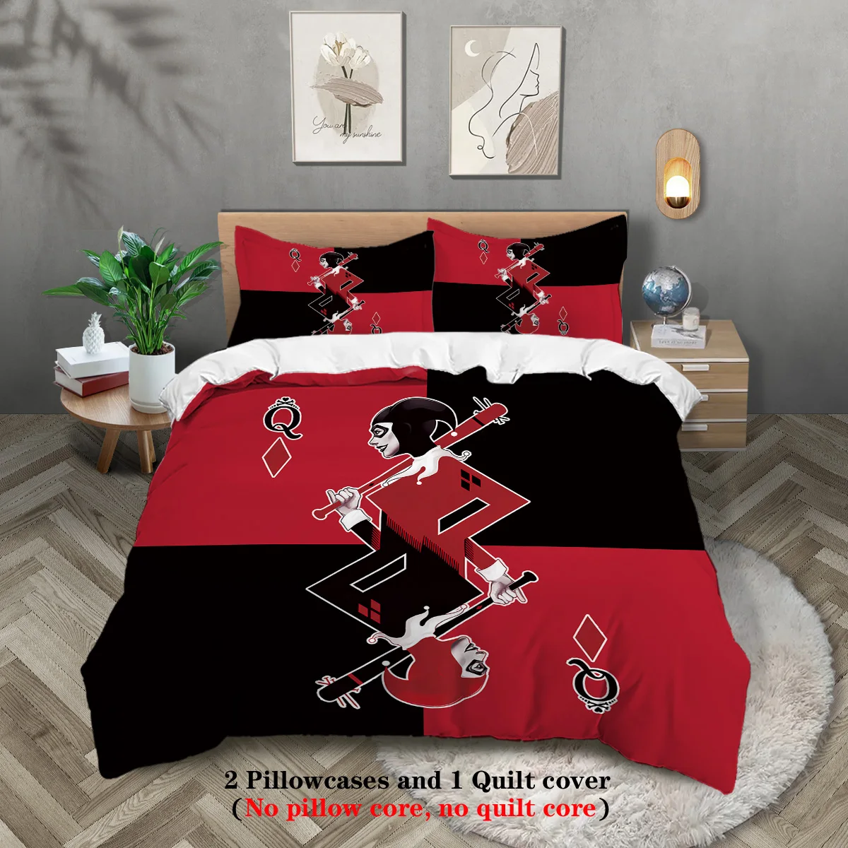 3pcs Harley Quinn comic theme print 1 quilt cover + 2 pillowcases skin-friendly, breathable, warm, anti-pilling, bedding set