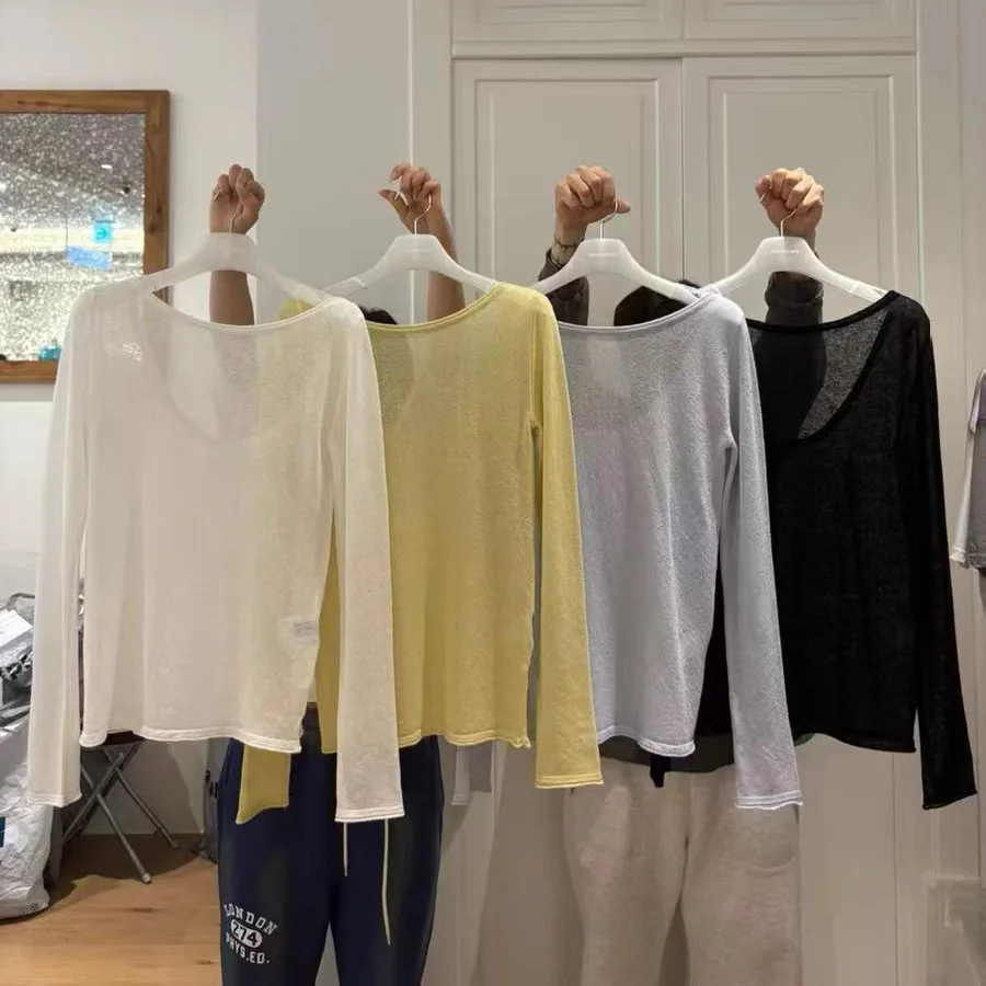 

Женский вязаный топ Sweet Sle Ice Silk Sunade, модная двусторонняя одежда, летний трикотаж, длинный све, круглый Ne Regula...