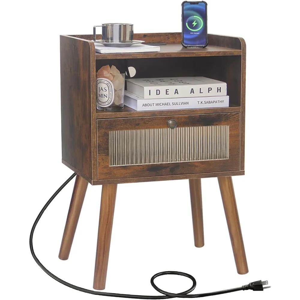 

Mid Century Night Stand with Charging Station, Wood Bedside Table with Glass Drawer, Small Modern Nightstand End Side Table