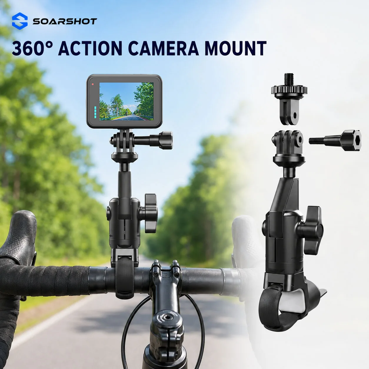 SOARSHOT 360° Action Camera Handlebar Mount for Motorcycle E-Bike Road Bicycle Dash Cam GoPro Insta360 Accessories