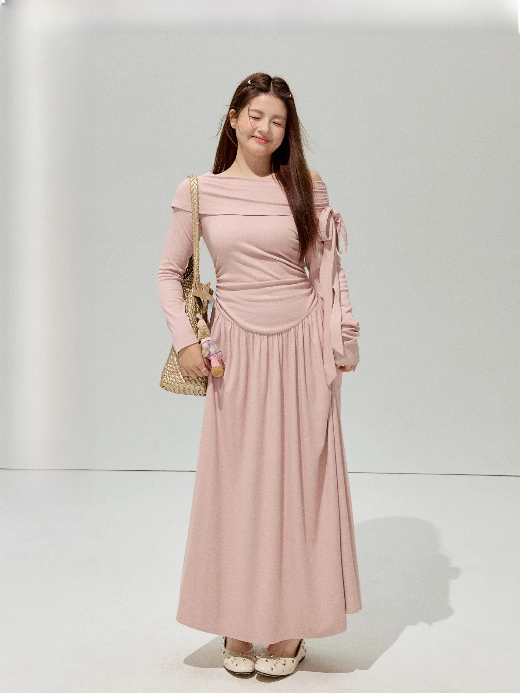 

Pink Lady Large Size Dr with Belted oulder Bow Knot Long A-Line Skirt for plus Size Women Commute Sle Par Wear