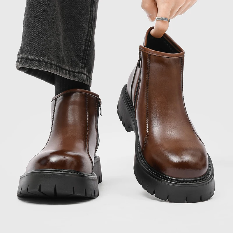 Men Side Zipper Ankle Boots High Top Retro Smooth Upper Thick Sole Autumn Winter Daily Business Commuting Men Short Boots