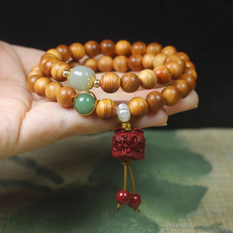

High-oil cypress wood 8mm double-layer bracelet with lion pendant, unisex cultural and spiritual prayer beads