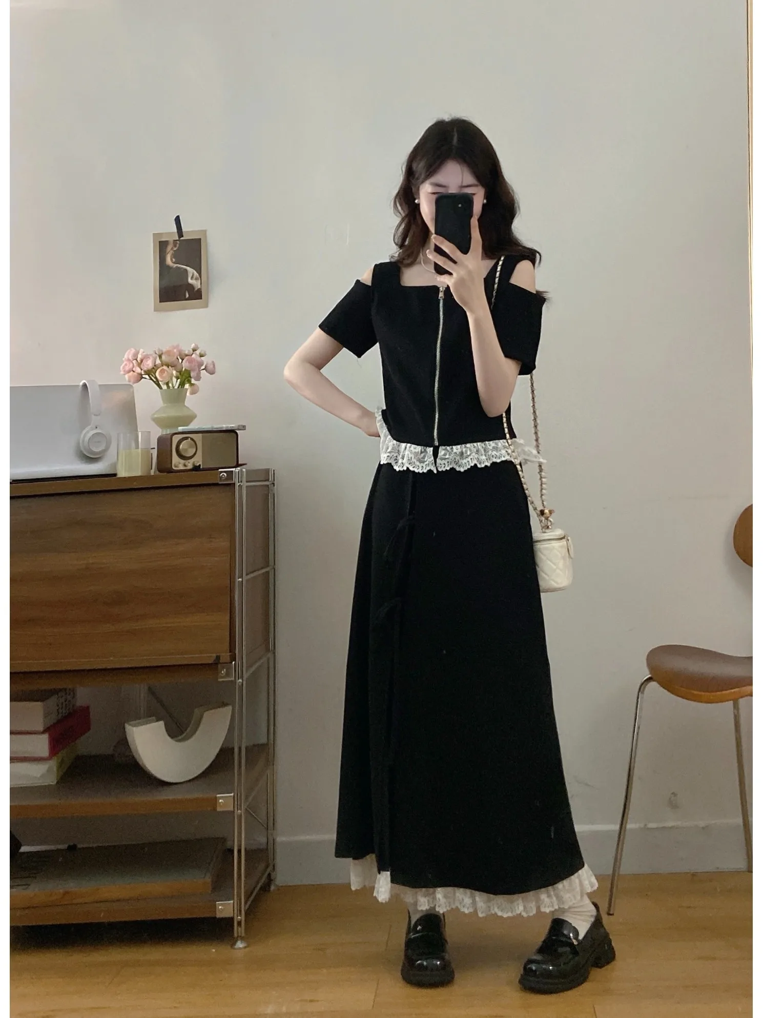 

plus Size Fashionable Set Summer New Design Shoulder Bared Lace Zipper Short Sleeve Top with Belt Half Skirt Korean Style Loo...