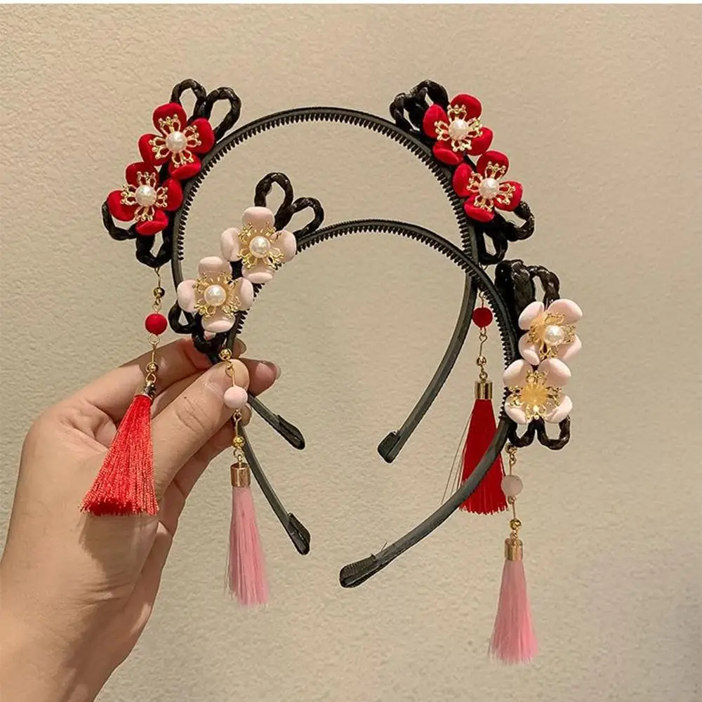 Flower Children Wig Headband Braid Hair Tang Suit Hair Hoop Hanfu Hair Sticks Ancient Style Tassel Red Bow Hairband Children