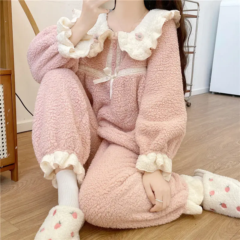 Korean Style Cute Pajamas Set for Woman Winter Warm Soft Sweet Doll Collar Pink Blue Sleepwear Girl Long Sleeve Homewear PJ Suit