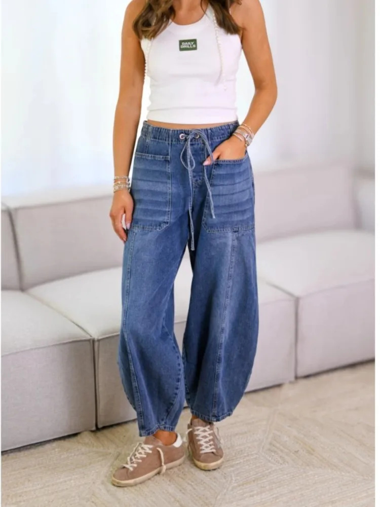 Trendy Casual Jeans Spring Summer Women's Clothing Street Commuting Multiple Pockets Waist Elastic Drawstring Loose Female Pants