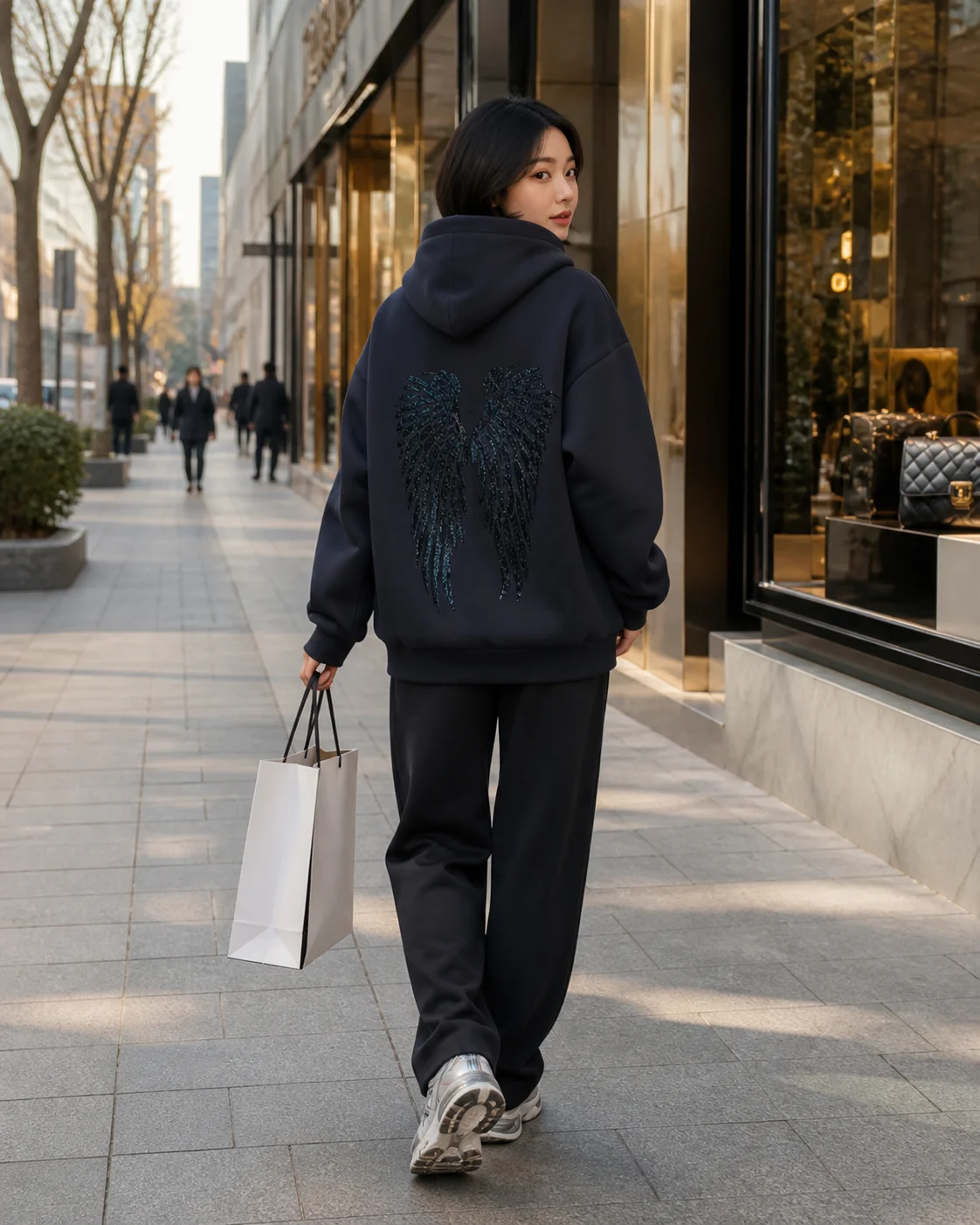 Sequin Angel's Wings Hoodies Women Chic Loose Long Sleeve Pullovers Top Slim Yoga Pant Set 2026 New Casual Lady Two Piece Sets