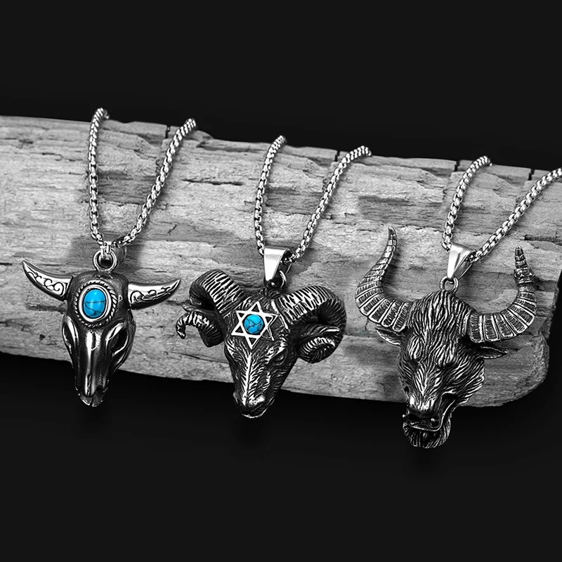 Men Retro punk Pendant Stainless Steel Hexagonal Star Satan Ram Bull Head PendantNecklace animal sheep head sweater chain collar