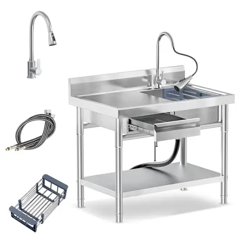 39in Stainless Steel Utility Sink with Side Workbench and Drawers | Freestanding sink with 3 water modes, hot & cold